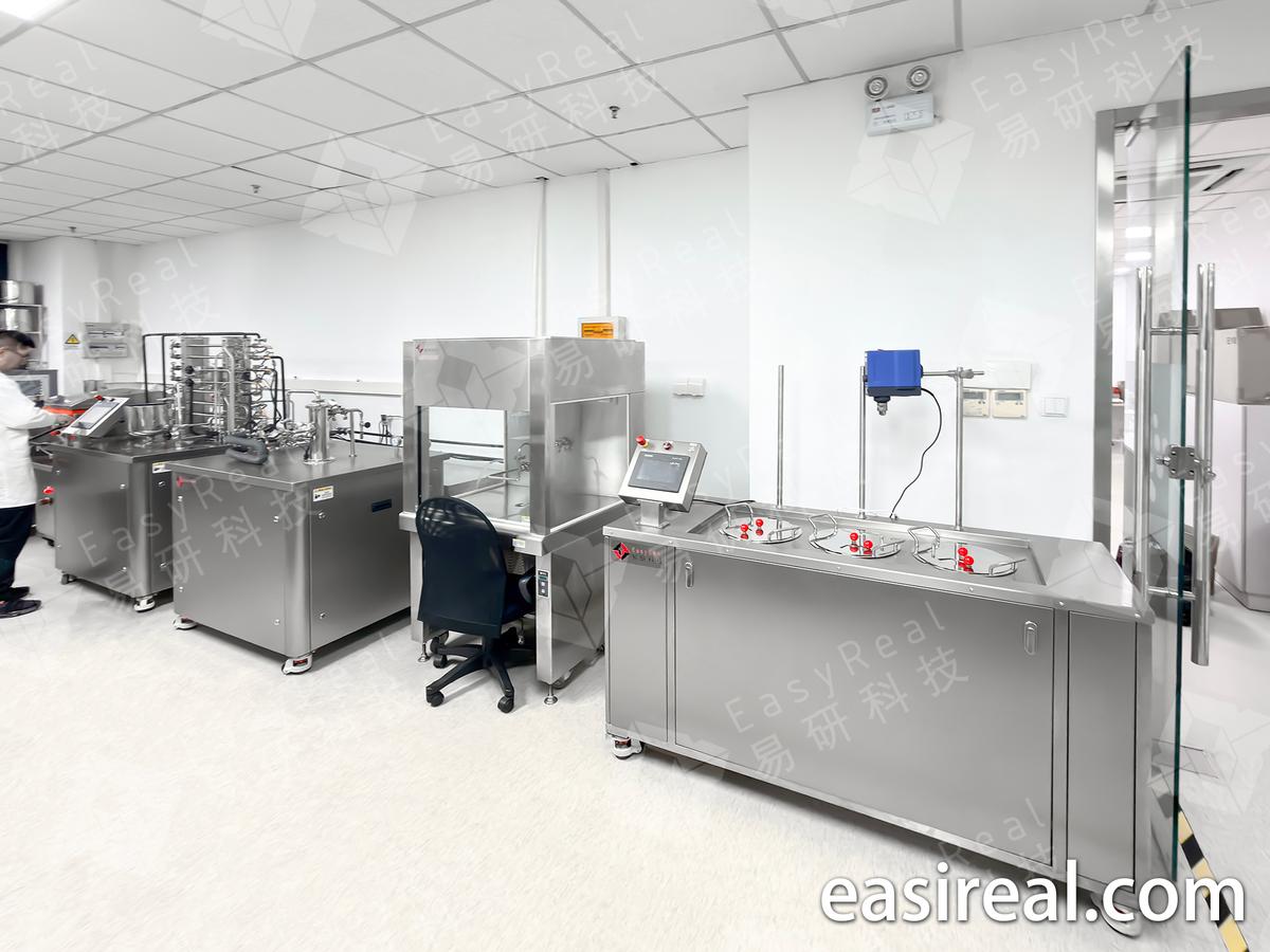 Azelis Shanghai pilot processing setup featuring water bath tank, lab UHT, lab DSI and lab aseptic filling machine