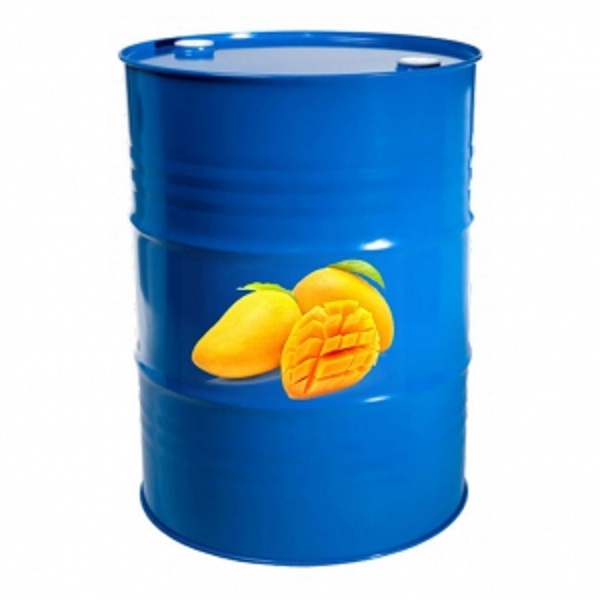 Industrial aseptic 200-liter blue drum filled with concentrated mango puree for downstream blending and beverage manufacturing.