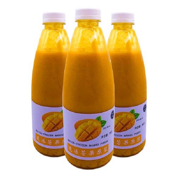 Ready-to-drink bottled mango juice (250–1000 mL) with natural pulp, processed and filled by Shanghai EasyReal mango juice production line.