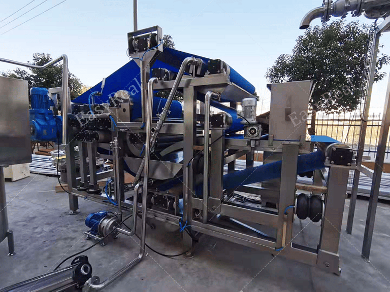 Industrial belt press juice extractor with blue food-grade belt and stainless steel frame, used for continuous squeezing of washed carrots and root vegetables in EasyReal carrot juice and puree processing line.