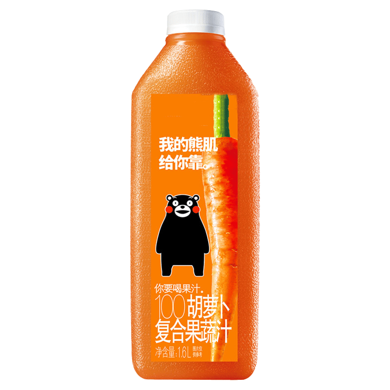 Retail plastic bottle of commercial carrot-based blended vegetable juice drink, showing how concentrated carrot puree from the processing line is used in consumer packaged beverages.