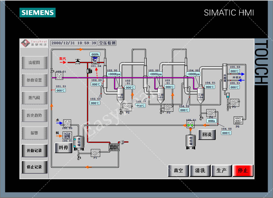 Siemens SIMATIC HMI touch screen showing process flow diagram and control parameters of EasyReal falling film evaporator multi-effect concentration system.