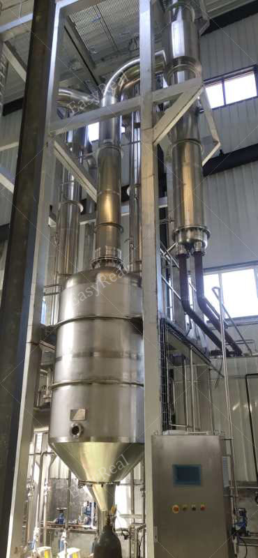 High vertical falling film evaporator tower with multiple effects, steam piping and feed pumps installed at EasyReal fruit and vegetable processing factory.