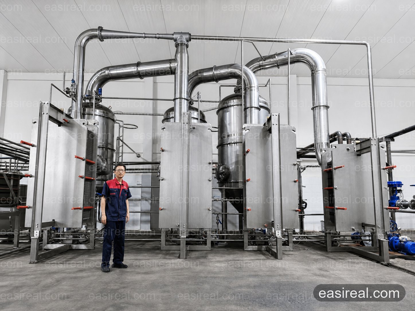 Installed Coconut Water Evaporator with EasyReal Engineer EasyReal engineer beside the installed triple-effect plate evaporator for coconut water concentrate in Indonesia