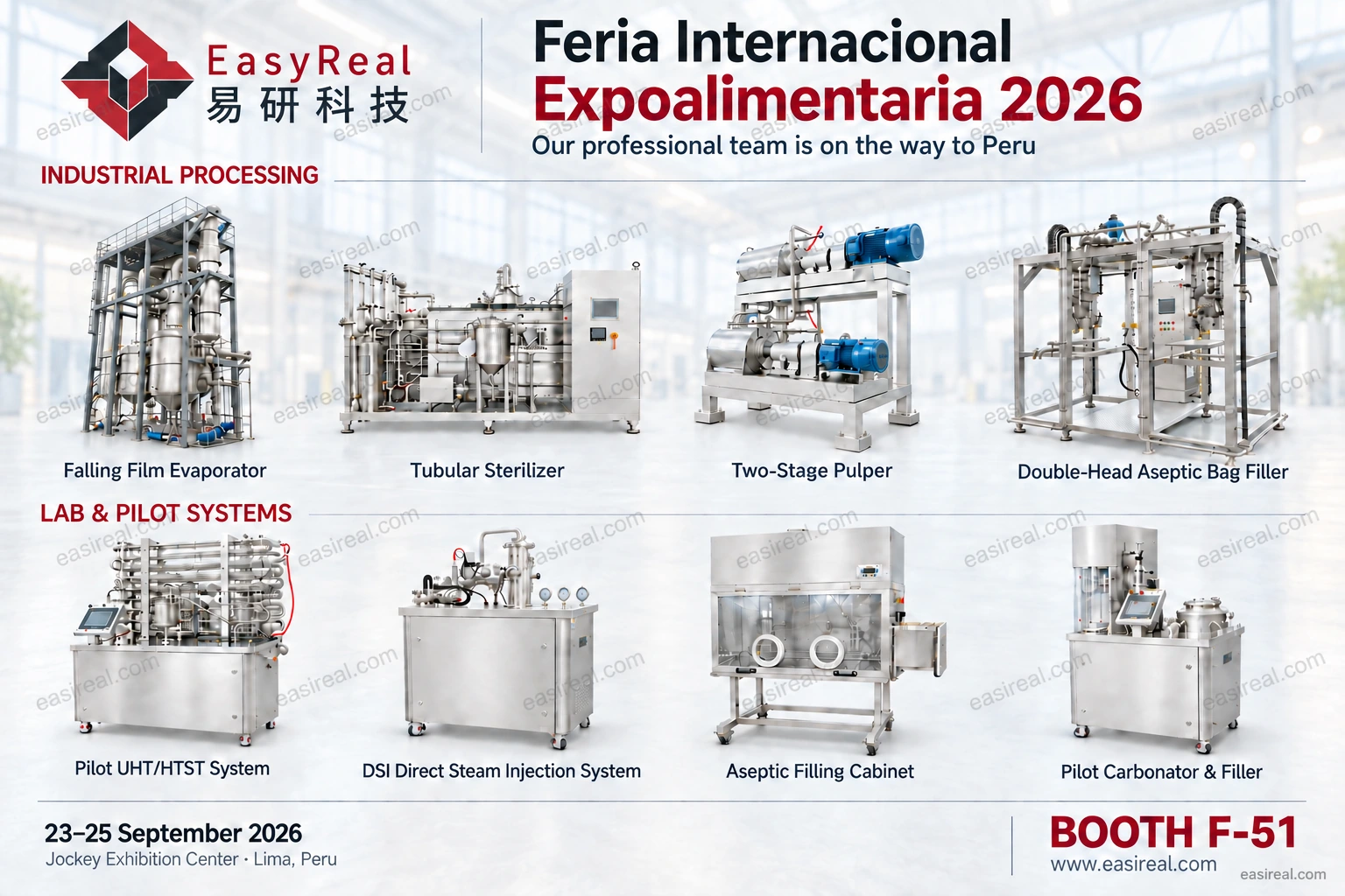 Meet EasyReal at Expoalimentaria 2026, Booth F-51 EasyReal invitation to Feria Internacional Expoalimentaria 2026 with eight industrial and lab/pilot equipment types