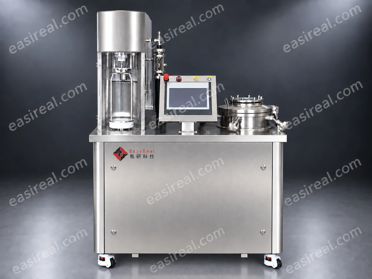 Pilot Carbonator and Filler: Front View Front view of the EasyReal pilot carbonator filling machine with guarded filling column, touchscreen and pressure vessel