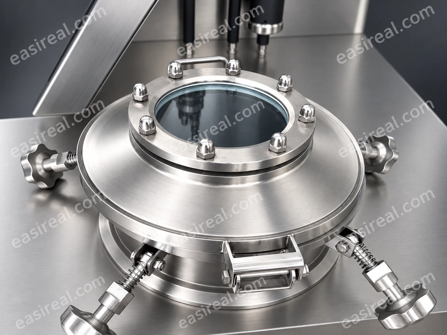 Pressure Vessel Inspection Window and Clamps Inspection window, lid clamps and handwheels of the EasyReal carbonator pressure vessel