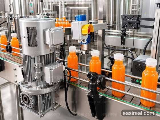 Orange juice bottles on PET bottle conveyor after hot filling Orange juice bottles on conveyor of MAMOU Foods PET bottle hot filling line
