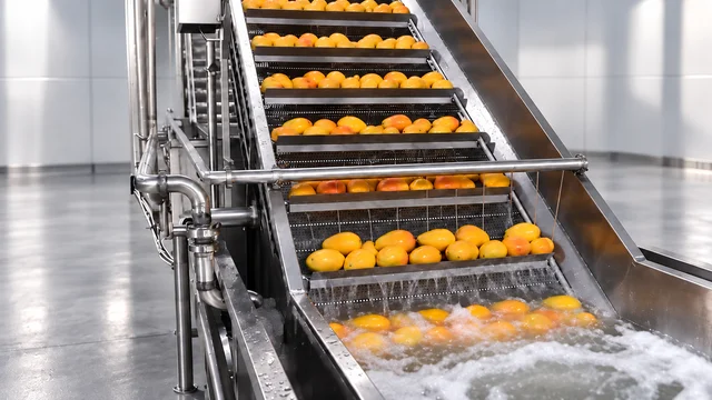 AI-retouched view of mango washing and lifting equipment from the Watani Food project video