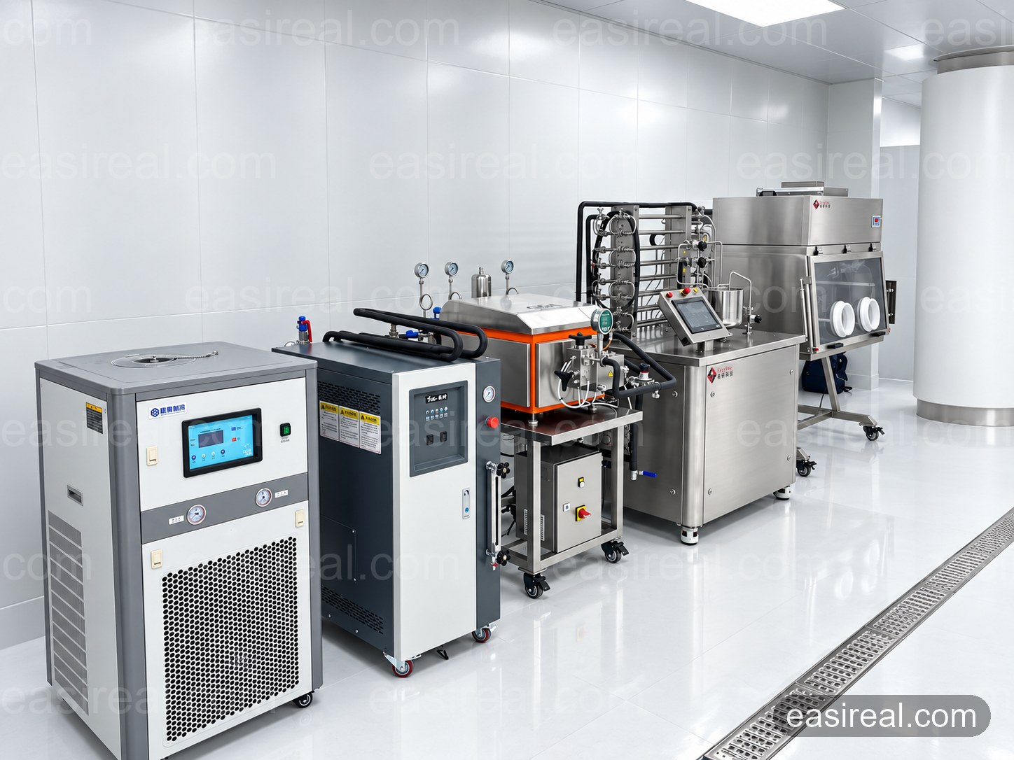 Tonicare (Wahaha) Pilot UHT/HTST Plant — Side View Angled view of the Tonicare (Wahaha) pilot line showing supporting utilities, inline homogenizer, tubular UHT and HTST equipment and aseptic filling cabinet