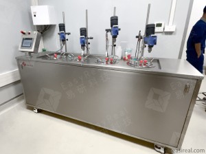 Stainless-steel four-vessel water bath mixing and fermentation system from EasyReal in the INTERBOS pilot laboratory.