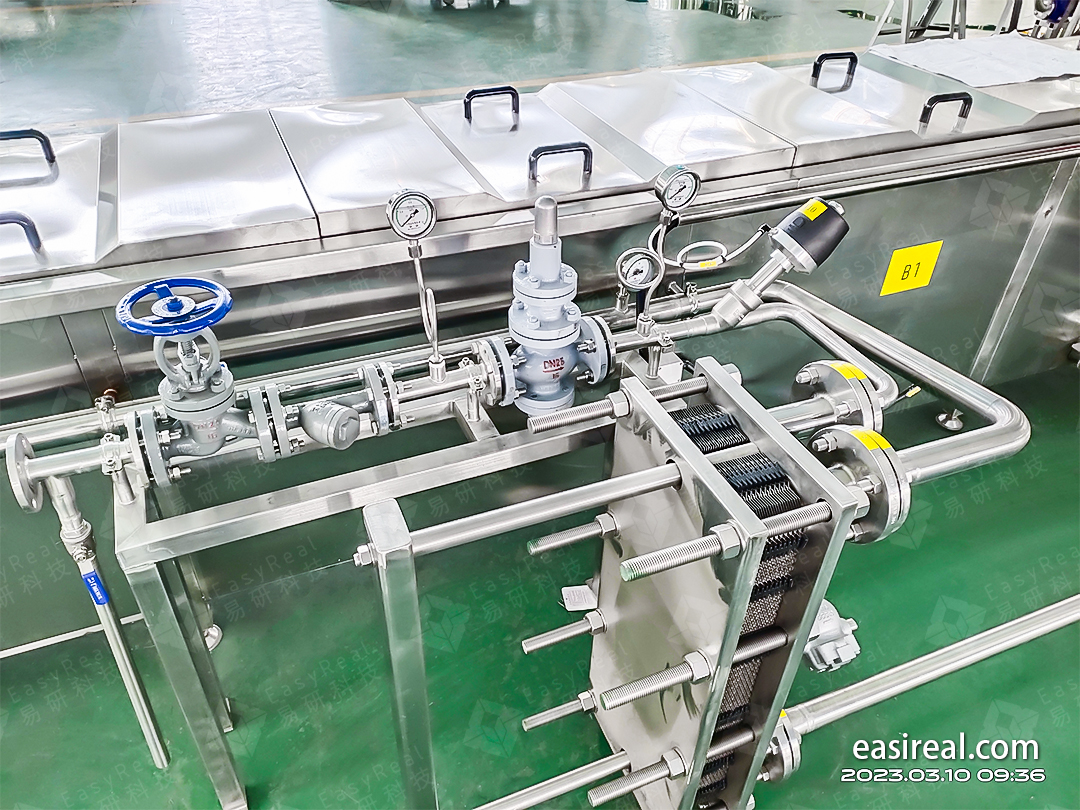 Plate pasteurizer heat-treatment module with valves and pressure gauges for post-filling pasteurization on the tomato paste sachet line