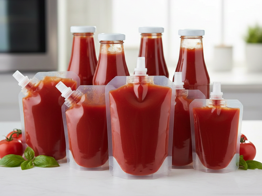 Ketçap poşetleri ve cam şişeler için Doypack dolum makinesi.